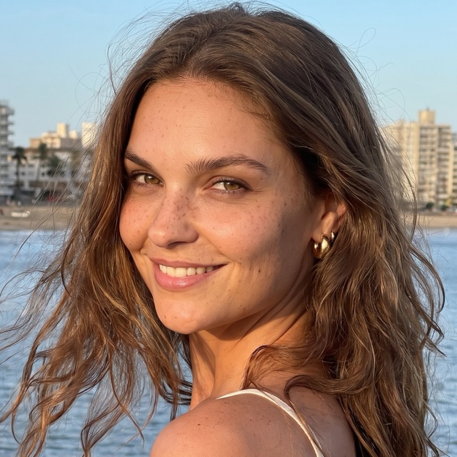 Sienna sonriendo en la rambla de Montevideo al atardecer